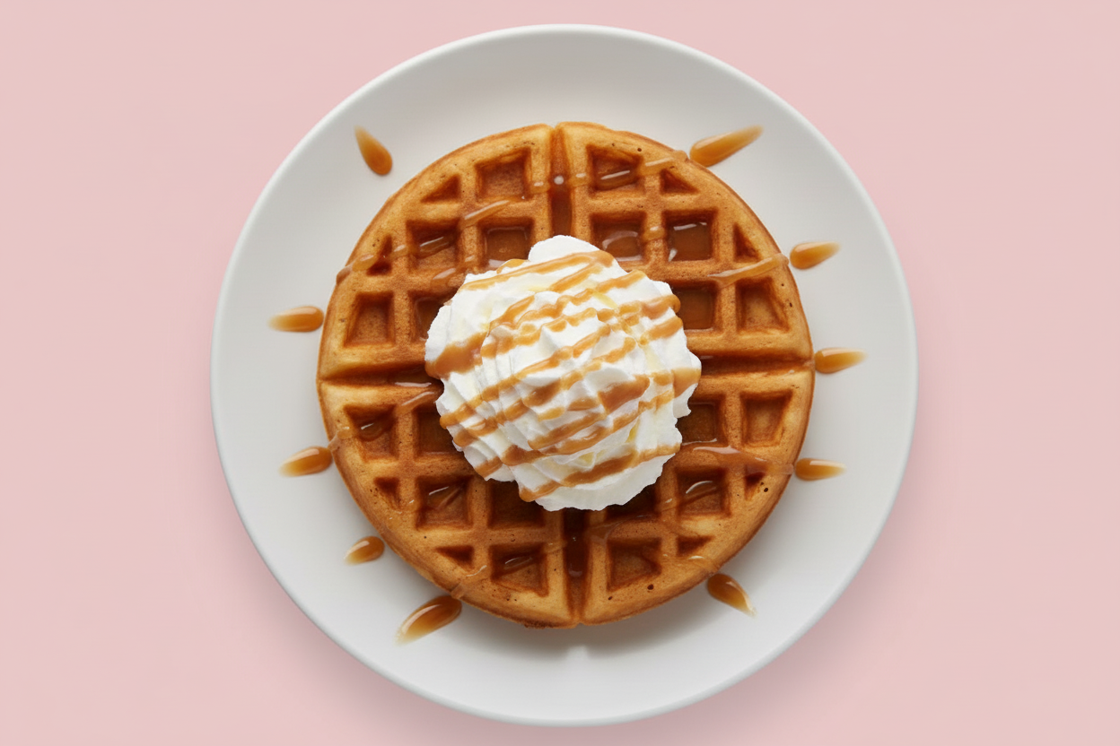 belgian waffle with whip cream & caramel on top with the background been #c85393