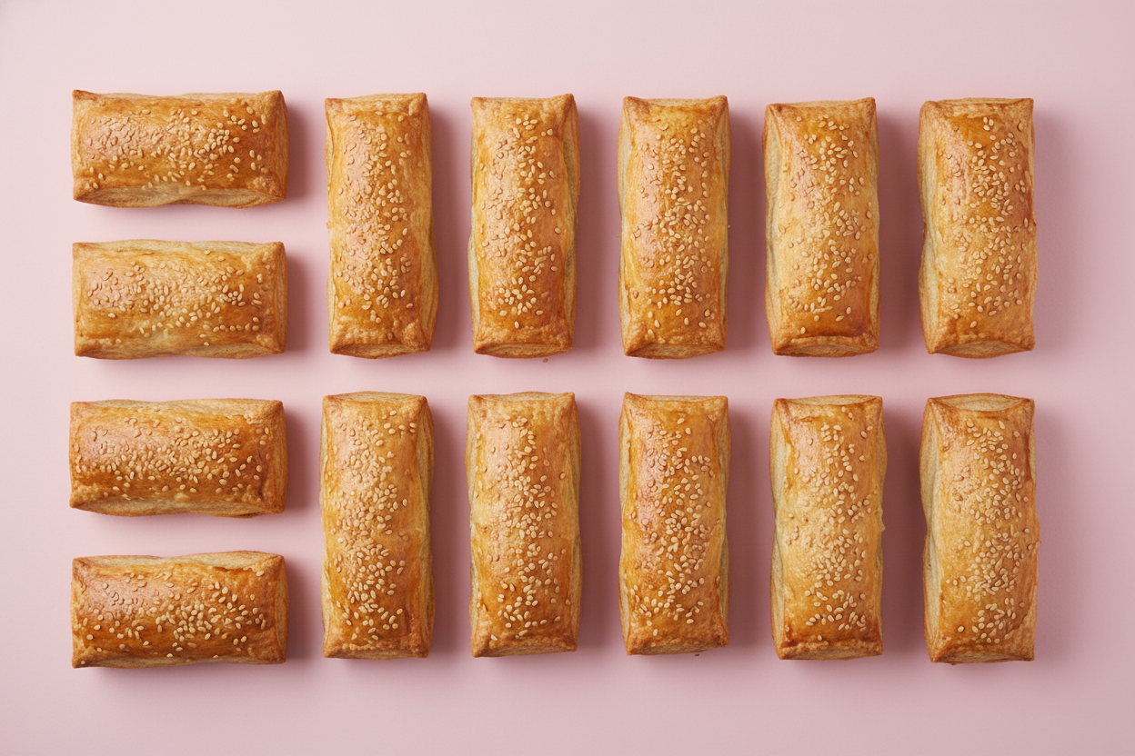 12 RECTANGLE PUFF PASTRIES WITH SESSAME SEEDS ON TOP AND #C85393 BACKGROUND