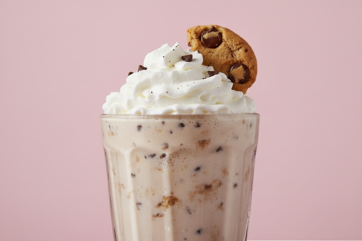 CHOC CHIP COOKIE SHAKE WITH SMALL PIECE OF COOKIE ON THE WHIP CREAM AS GARNISH IN A MILKSHAKE GLASS WITH THE BACKGROUND BEEN #c85393