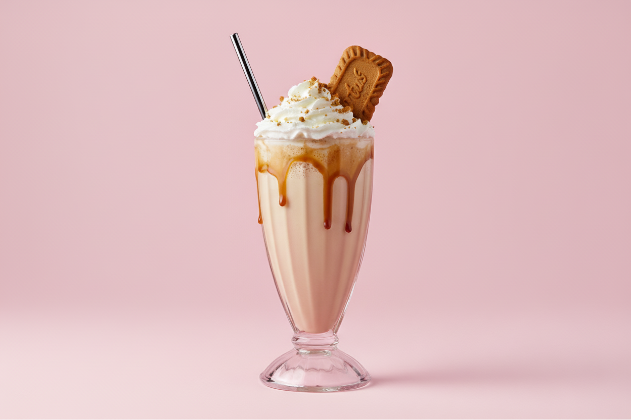 LOTUS BISCOFF SHAKE WITH 1 BISCOFF COOKIE ON THE WHIP CREAM AS GARNISH IN A MILKSHAKE GLASS WITH THE BACKGROUND BEEN #c85393
