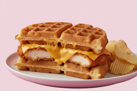 one belgian waffle cut in half as a sandwich in the middle a crispy patty and cheese with a small portion of potato chips with the background been #c85393